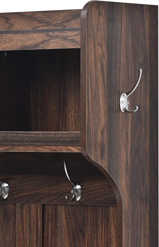 Retro 3-in-1 39.4INCH Hall Tree with 6 Hooks and Coat Hanger,Storage Bench and Open Shelves,for Livingroom Hallway Entryway Mudroom Use (Tiger@Hooks/)