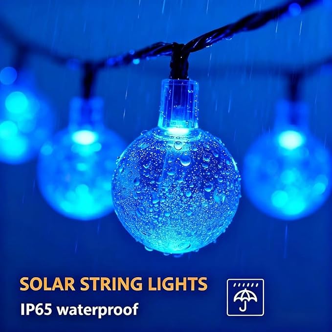 20 LED Decorations Crystal Globe Solar String Extra-Bright Outdoor Lights with 8 Lighting Modes Waterproof Solar Powered Patio Hanging Light for Garden Yard Porch Wedding Party Decor(Blue)