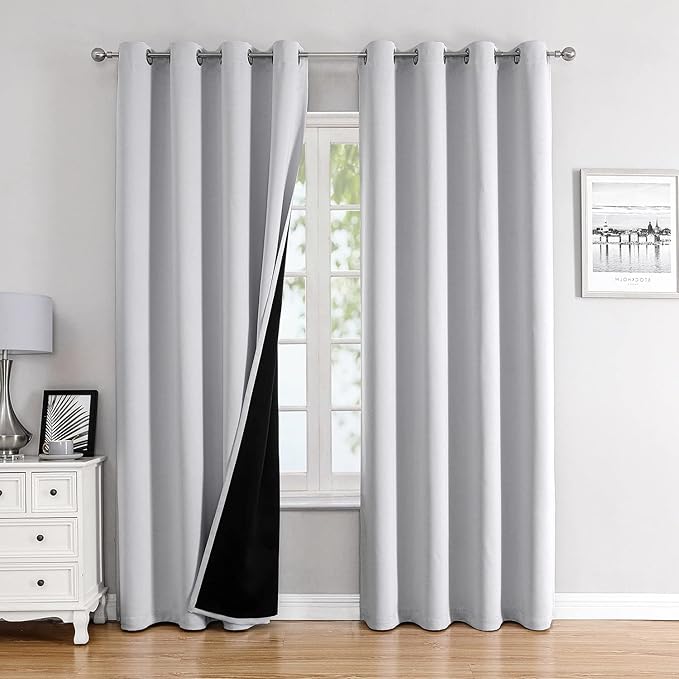 ChrisDowa 100% Blackout Curtains for Bedroom with Black Liner, 2 Thick Layers Total Blackout Thermal Insulated Grommet Long Window Curtains 2 Panels Set (Greyish White, 52 x 95 Inch)