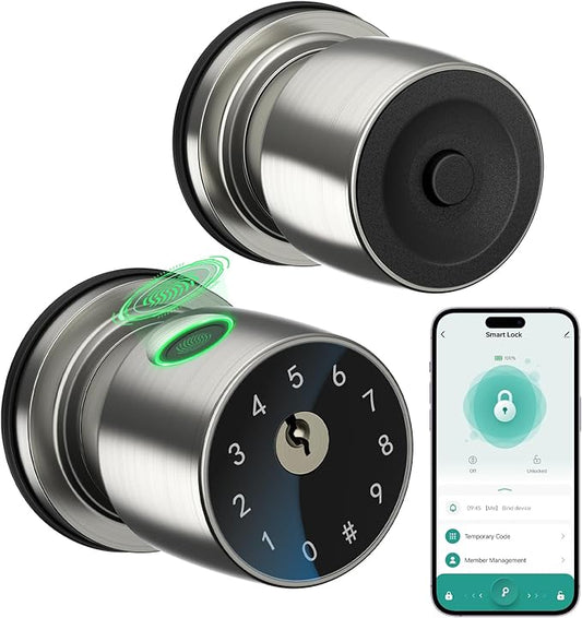 IRONZON Fingerprint Door Knob for Bedroom - 291Y 4-in-1 Keyless Bedroom Door Knob smart Door knob with App, One-tap Privacy Mode Setup, Auto-Lock Easy to Install - Satin Nickel