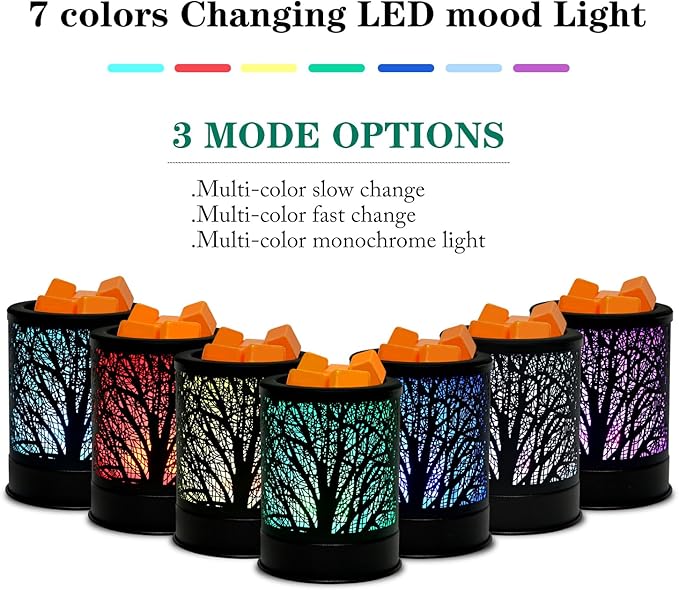 ASAWASA Metal Candle Wax Warmer,Wax Melt Warmer Candle Burner and Wax Melter with 7 Colorful Changing Lights & 1 Silicone Dishes for Office Home Decor(Colorful Tree)