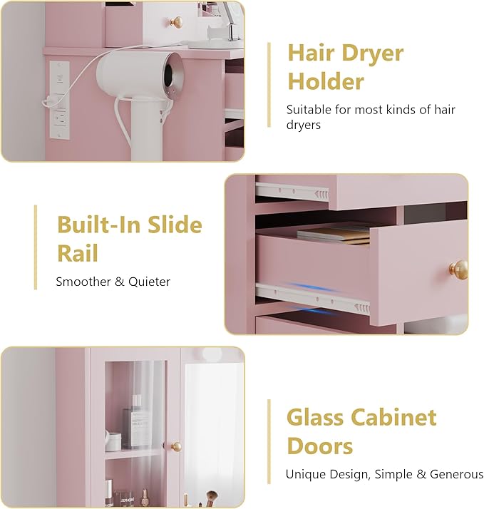 Makeup Vanity Desk with Mirror and Lights, Pink Vanity Table Set with Storage Drawers, Charging Station & Cabinets, Large Dressing Table with RGB Ambient Light for Women Girls Bedroom Bathroom