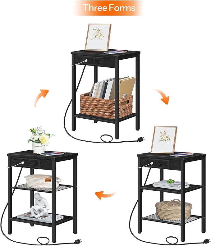 HOOBRO End Table Set of 2 with Charging Station and USB Port, 3-Tier Nightstands with Adjustable Shelf, Small Side Tables for Small Space in Living Room, Bedroom and Balcony, Black BB112BZP201