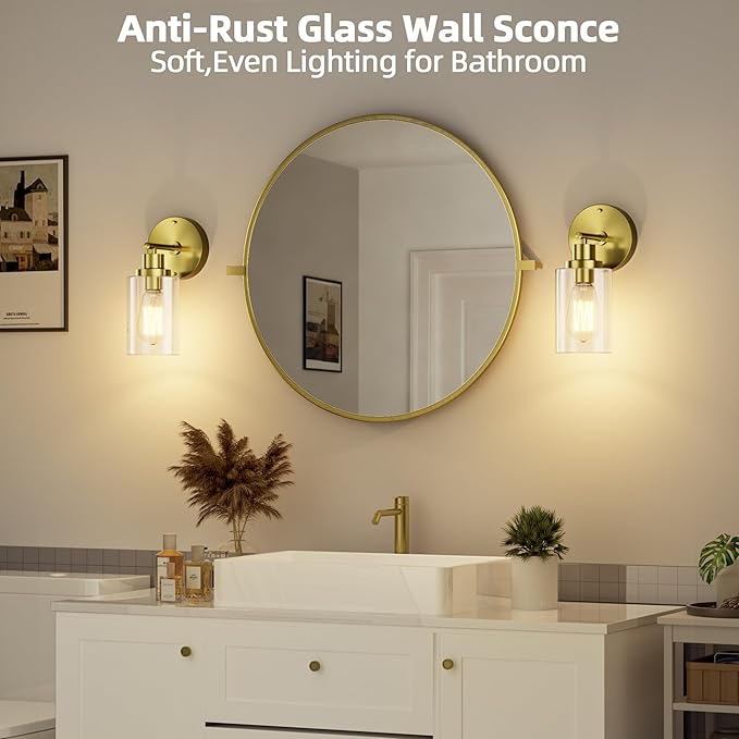 GORDNWE 1-Light Bathroom Wall Sconce, Brushed Gold Vanity Light, Modern Wall Light Fixture with Clear Glass Shade and E26 Bulb Base, Wall Lamp Wall Mount Light Fixtures for Mirror, Bedroom, Hallway