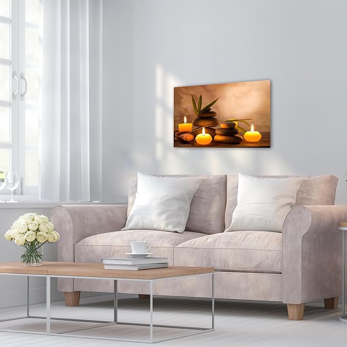 Zen Wall Art Decor, Modern Bathroom Zen Decor Wall Art, Zen Relaxing Canvas Wall Art for Spa Room Decor, Black Pebble and Lighted Candles Zen Art Prints for Office & Spa Wall Decor 12x18 Inches