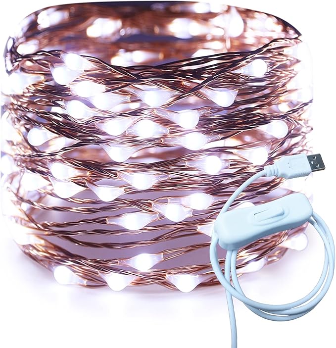 RUICHEN 20 Ft 120 LED USB Fairy String Lights with On/Off Switch, Waterproof Copper Wire Lights for Bedroom Wall Ceiling Wreath Crafts Christmas Wedding Party, Cool White