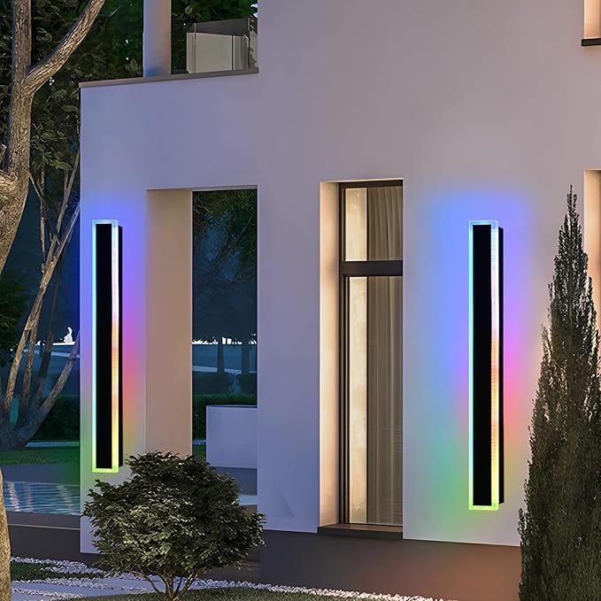 Outdoor Modern Wall Lights for Porch,2 Pack RGB Long Outdoor LED Wall Lights,48 inch Long Linear Outside Light Fixture,Dimmable Outside Wall Light for House,Enterway,Garage with Control Remote
