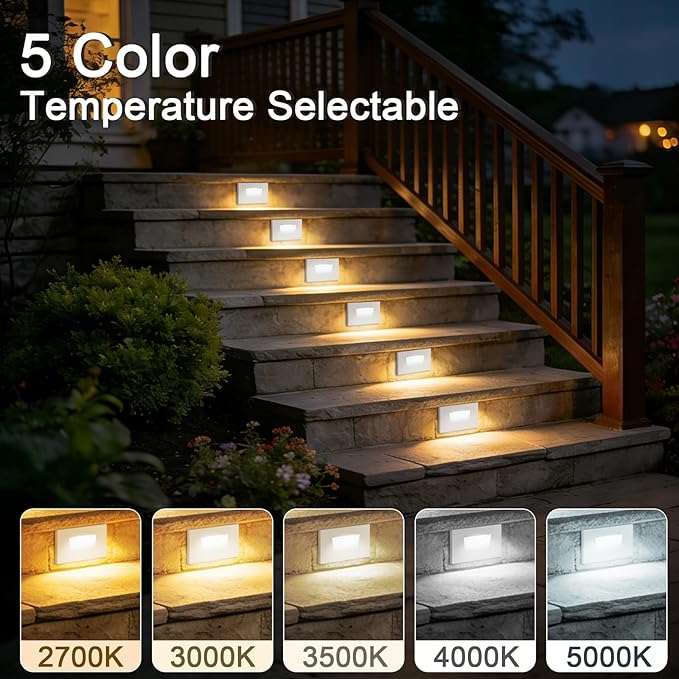4-Pack Horizontal LED Step Lights, Color Adjustable (2700K-5000K), IP65 Waterproof, 3W 100LM, 120V Stair Lights Indoor Outdoor, 10%-100% Dimmable, White, ETL Certified