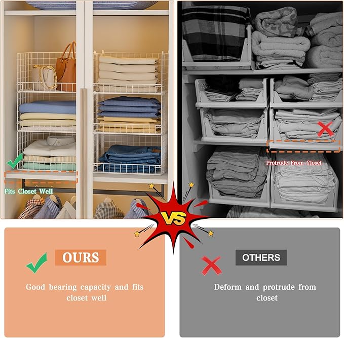 Yociyoga 6-Tier Stackable Closet Organizers and Storage Shelves, Closet Shelf Organizer Basket Bins, Foldable Sweater Storage for Clothes Organizer System, White（Patent Pending）