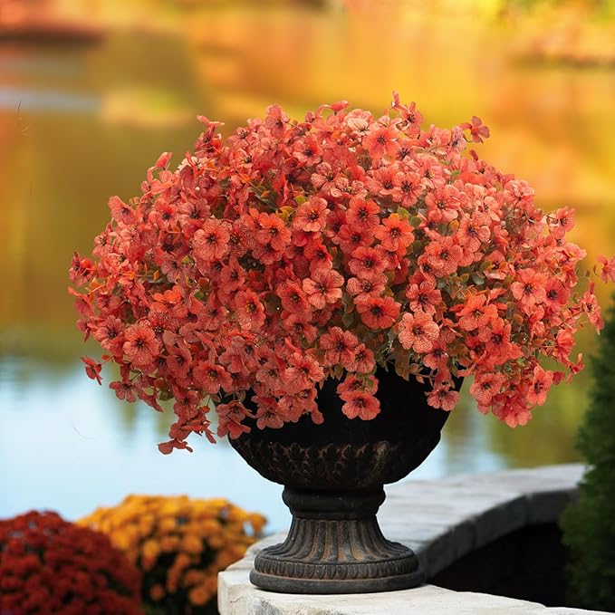 Fall Outdoor Artificial Flowers 16 Bundles - UV Resistant Faux Daisy with Eucalyptus Leaves, Weatherproof Fake Plants for Porch, Patio, Garden Decor, Indoor Outdoor Decor (Fall Orange Red)