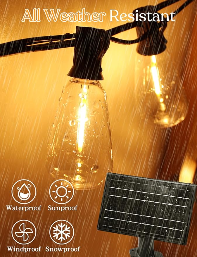 GHUSTAR 50ft Solar Outdoor String Lights with Remote - USB Rechargeable Solar Powered Outdoor Patio Lights, Larger 1.5W Solar Panel, Timer, Dimmable Shatterproof ST38 Bulbs for Backyard, Garden, Pool