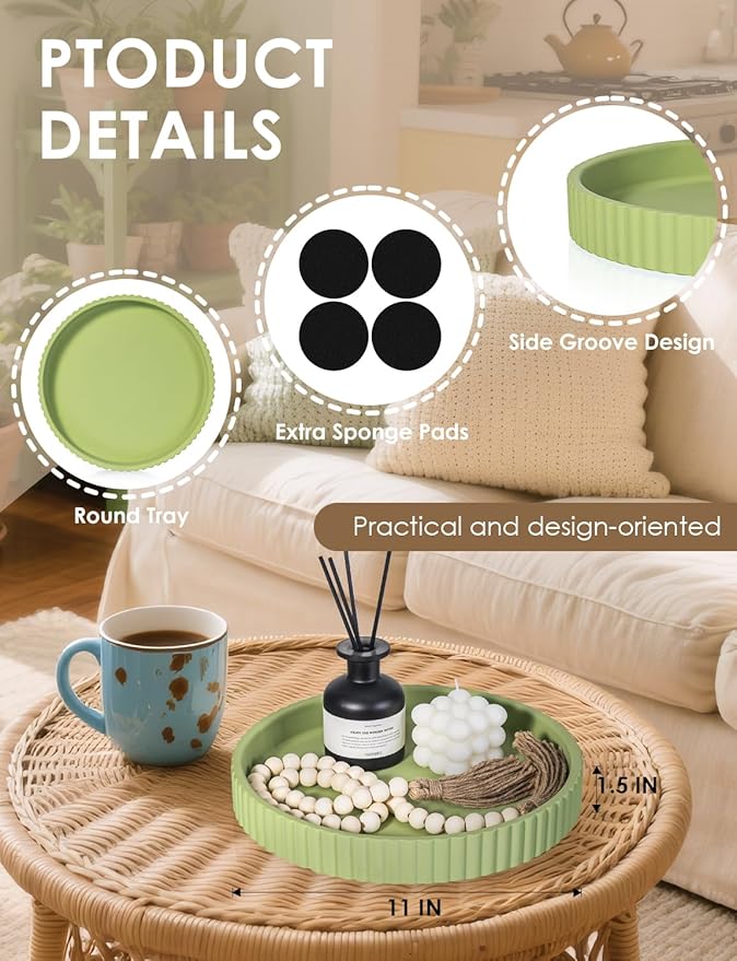 Concrete Coffee Table Tray, 11" Decorative Tray for Home Decor, Sturdy Modern Centerpiece, Round Serving Tray with Fluted Edge, Green