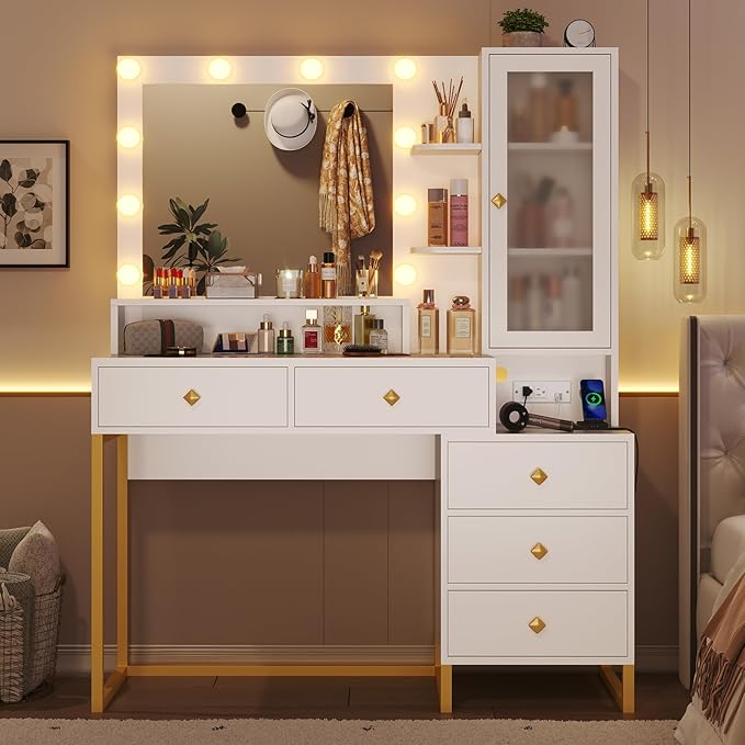 Tiptiper Makeup Vanity with Lights & Charging Station, Large Vanity Desk with Mirror and Lights, Makeup Table with 5 Drawers & Shelves, White and Gold