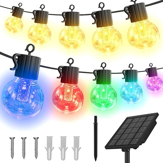 Solar String Lights Outdoor Waterproof,50FT 25LEDs Warm White & Multicolor Hanging Lights G40 Globe Solar Powered String Lights Outdoor with 8 Modes,Timer,Solar String Light for Outside Patio Yard