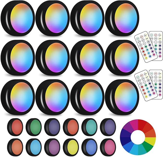 LED Puck Lights With Remote, 13 Colors RGB Dimmable Under Cabinet, Battery Powered Color Changing, Party Atmosphere for Kitchen Closet Counter, 12 Pack