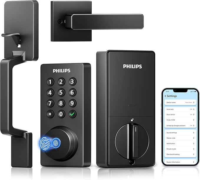 Philips Wi-Fi Smart Door Lock Deadbolt with Handle Set, Keyless Entry Door Lock for Front Door Set, Portable Fingerprint Door Lock with App Control, IP53 Waterproof, Auto Lock, Alexa Voice Control