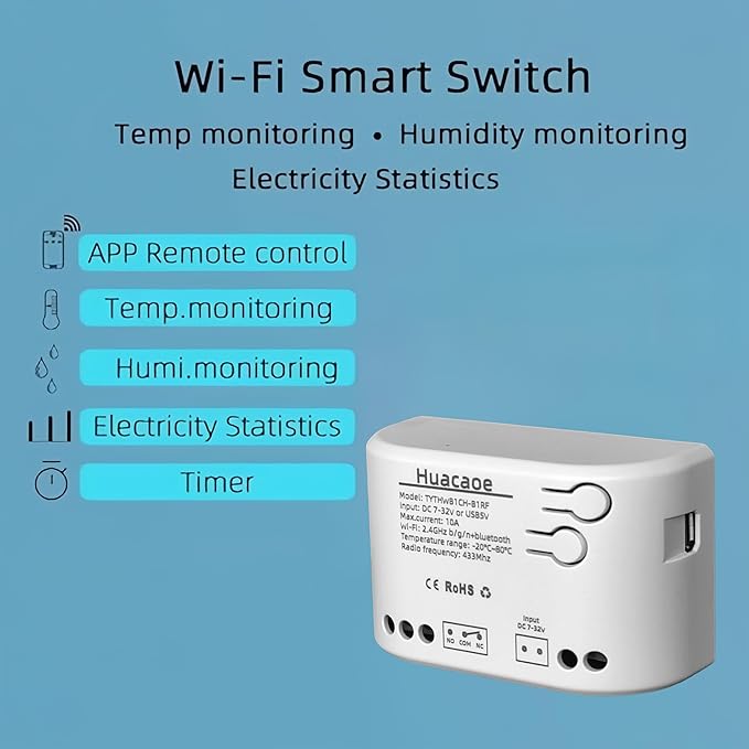 1CH Tuya Intelligent Temperature and Humidity Sensor,DC 7-32V/USB 5V Dry Contact Relay,Dry Contact,Timing Switch,Real-Time Monitoring Intelligent Module,Compatible with Alexa Google