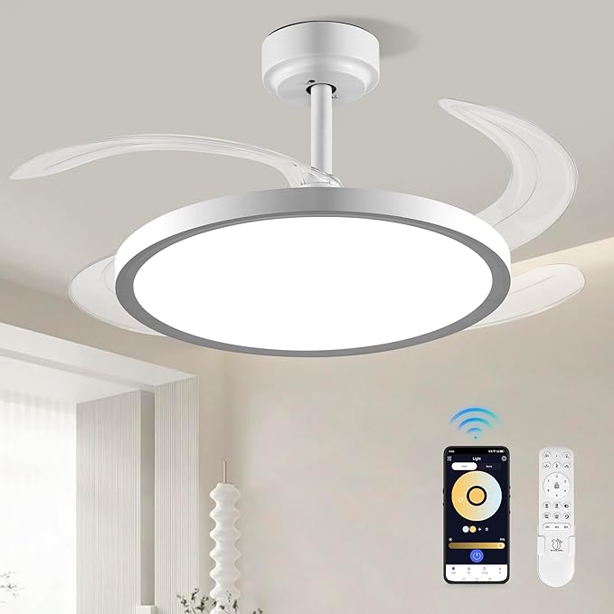 BAYSQUIRREL Slim Retractable Ceiling Fan with Lights and Remote/APP Control, 6 Speed Dimmable Reversible Memory, 42 Inch Modern Silent Smart Fan for Bedroom Living Room Dinning Room