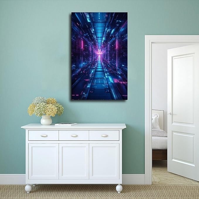 High-Tech Digital Abstract Wall Art – Glowing Geometric Canvas Print – Minimalist Futuristic Aesthetic Home Decor Poster Canvas Artwork Prints Rustic Farmhouse Decorations for Living Room Bathroom Bed