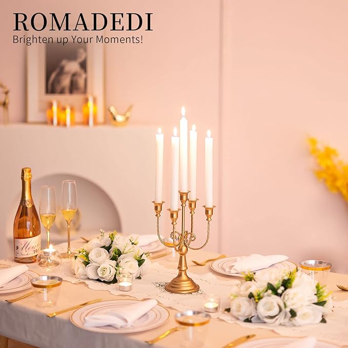 Romadedi Candelabra Gold Candle Holders - 5 Arm 11.8" Wedding Candlestick Holder for Theme Party Table Centerpiece Decor Dining Room Birthday Holiday Christmas, Set of 6