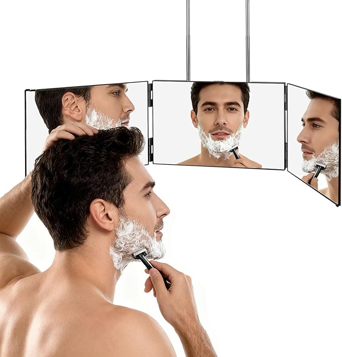 3 Way Mirror for Self Hair Cutting,360 Haircuts Men for Barber Use Tools,to See Back of Head,Tri Fold Mirror with Portable Height Adjustable Telescoping Hooks (6.7" x 10.8")