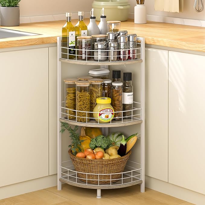 DAOUTIME Bathroom Standing Shelf, 3 Tier Free-Standing Shelf Units, Open Floor Shelves, Triangular Curved Corner Shelf Stand for Small Space, Ideal for Bathroom,Kitchen,Vanity Storage and Organizer