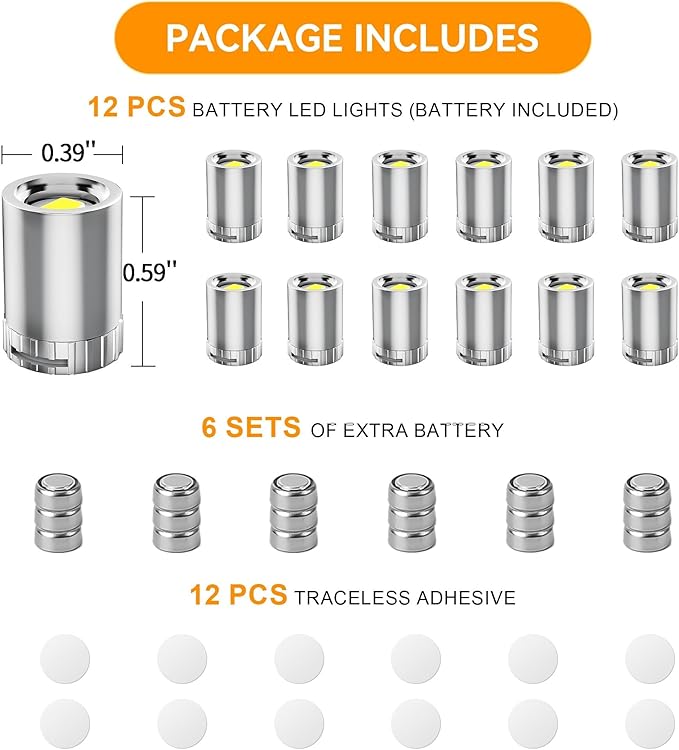 12 Pack Mini Lights, Warm White Mini LED Spotlight, Small LED Lights for Crafts, Small Display Light Battery Powered, Wireless Dollhouse Light, Miniature Spotlights for Displays, Party,Wedding