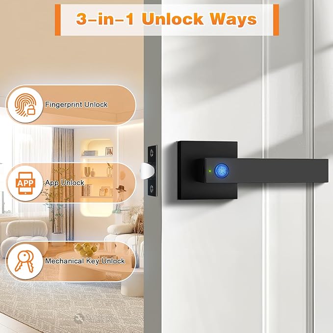 Probrico Fingerprint Door Lock, Biometric Door Handle with Smart Lock, Keyless Entry Door Handle Lock with App, Black Square Electronic Smart Door Lock for Bedroom, Apartment, Office, Front Door