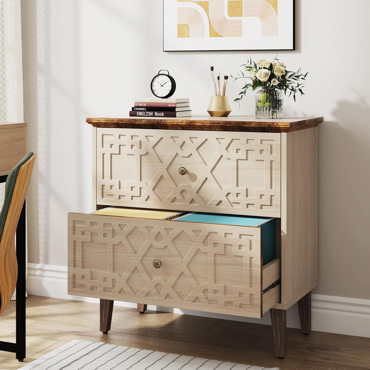 LITTLE TREE 2-Drawer File Cabinet, Wood Lateral Filing Cabinet for Home Office, Beige