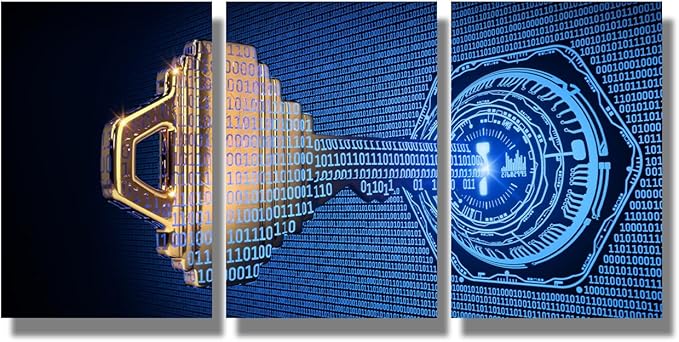 Modern Wall Art for Living Room Multi Panel Wall Decor A Key Formed from Binary Code Goes Into an Abstract Lock Picture Poster Artwork Stretched Framed Gallery-Wrapped Ready to Hang, 16x24inchx3