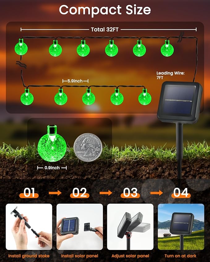 2-Pack 100 LED Green Solar String Lights Outdoor - 64FT Crystal Globe Waterproof Solar Powered Lights for Outside with 8 Lighting Modes for Patio Decorations, Garden, Party, Porch, Wedding, Yard