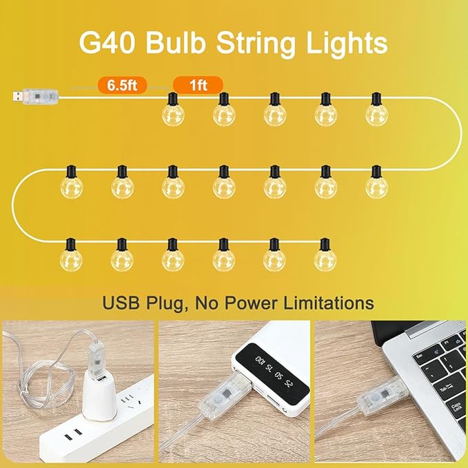 Outdoor String Lights, 25ft 20 G40 Bulbs LED Color Changing Hanging Lights Dimmable with 220+ Scene Modes, App Control, IP65 Waterproof Globe Bulb for Indoor Patio Backyard Balcony Decor