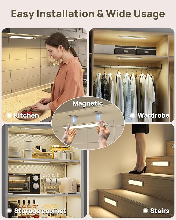 Under Cabinet Lights with Remote Control,12 inch Rechargeable 2500mAh Battery 350 Lumen Motion Sensor Indoor Light,3Pack Wireless Under Counter Light,3 Color Dimmable for Kitchen,Wardrobe,Closet