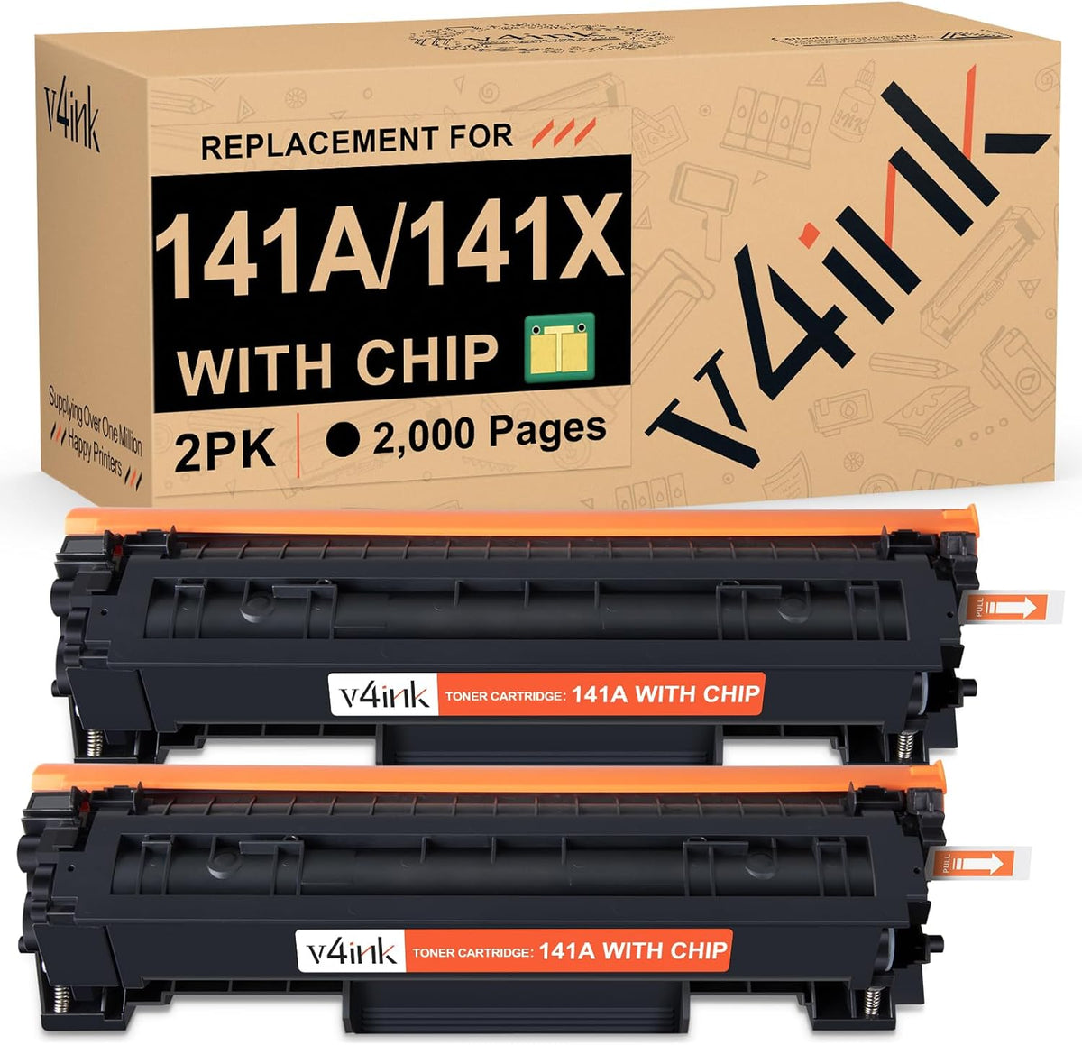 v4ink 141A 141X Toner Cartridge (with CHIP) Replacement for HP 141A W1410A W1410X 141X Black Toner Cartridge use for HP Laserjet M110w MFP M139w M140w Priner, High Yield 2,000 Pages-2 Pack