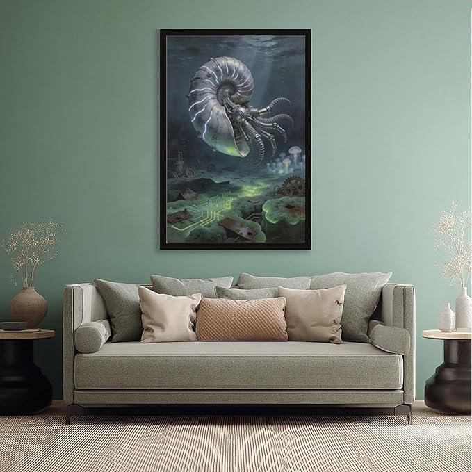 Framed Steampunk Mechanical Nautilus Wall Art - Underwater Industrial Poster for Man Cave Studio Decor 12x18in