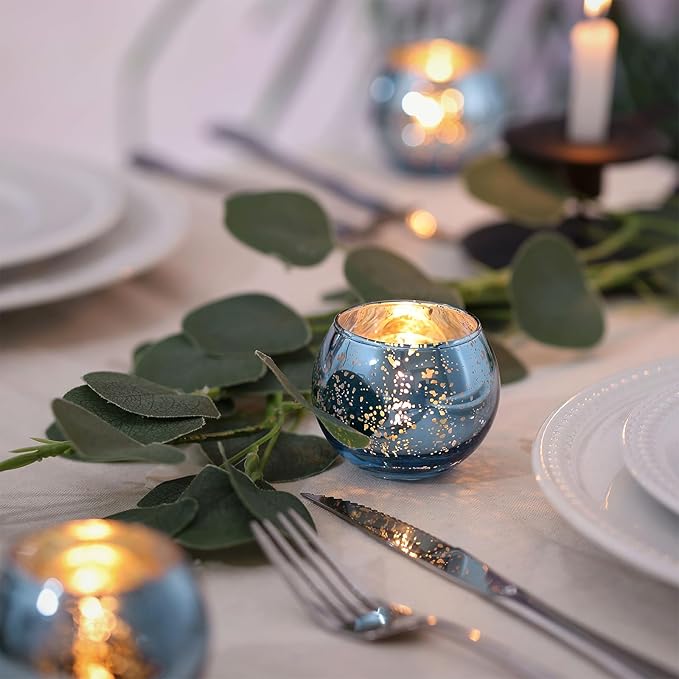 LAMORGIFT 12 PCS Blue Mercury Glass Votive Tealight Holders - Blue Centerpieces for Bridal Shower Decorations, Wedding Table Glass Decor