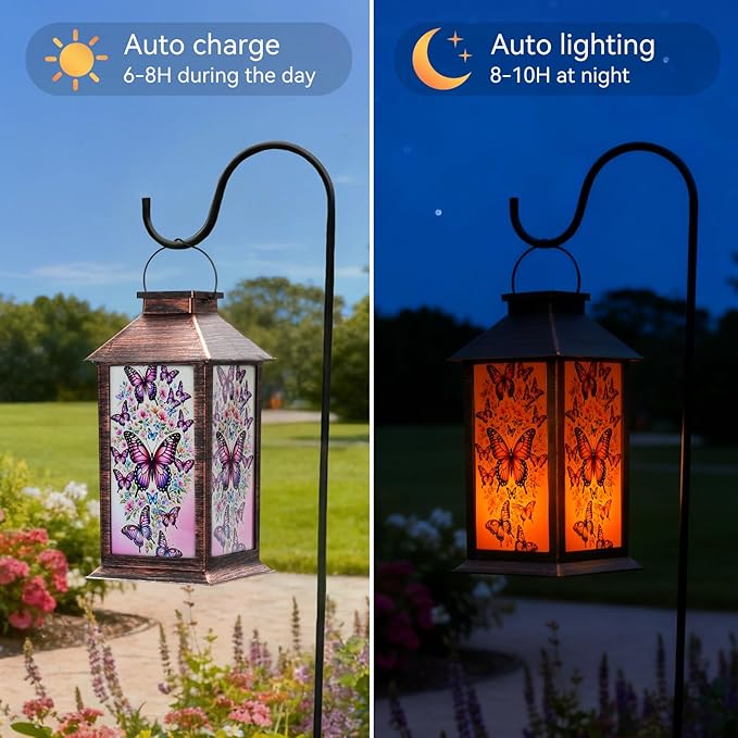 Homemory Hanging Solar Lanterns Outdoor Waterproof, Solar Butterfly Lights with LED Flickering Flameless Candles, Gifts for Women Mom, Outside Lantern Decoration Garden Yard Patio Lawn Porches Park