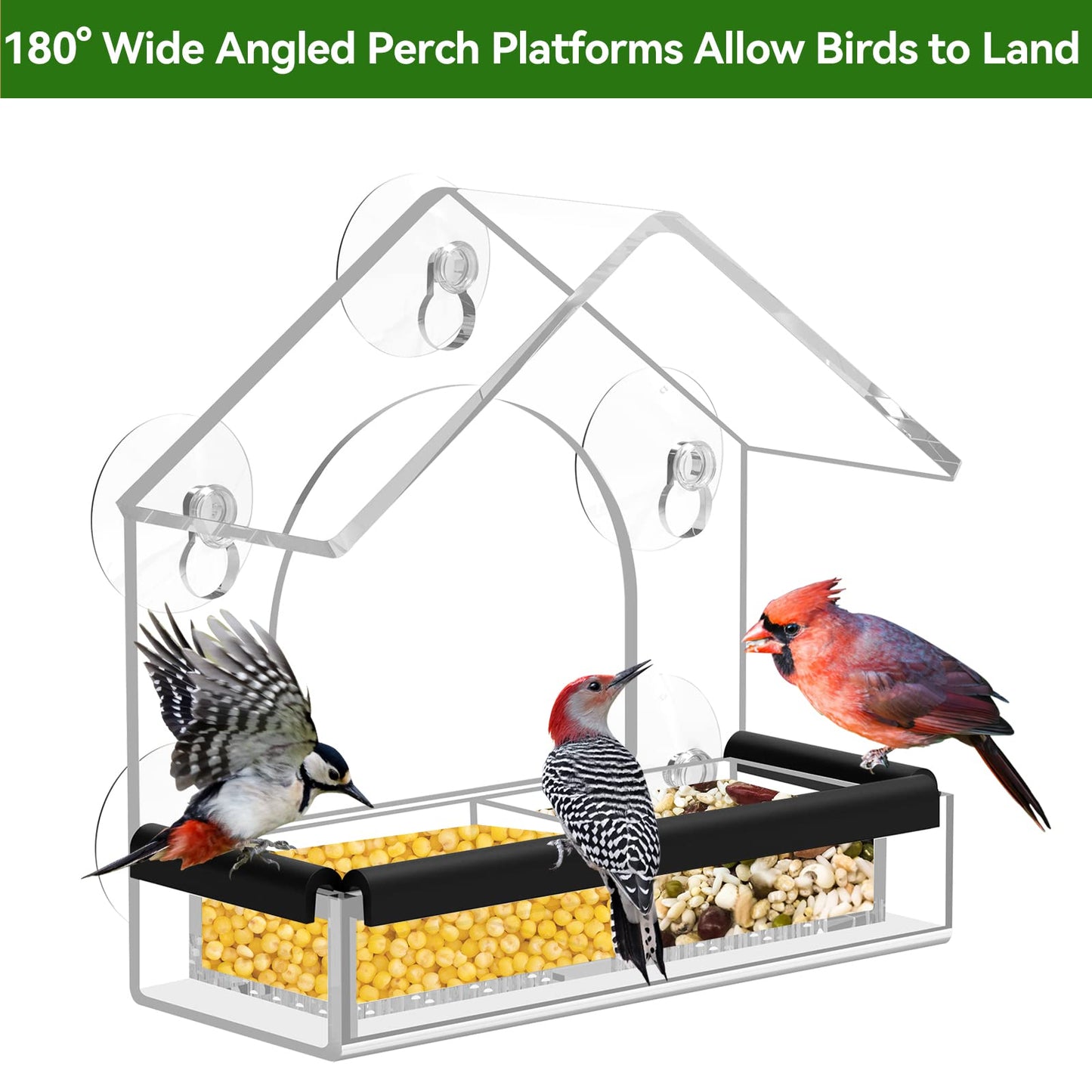 Clear Window Bird Feeder with 5 Extra Strong Suction Cups, DY-SKTY Sturdy and Durable Acrylic Birdfeeders for Viewing Wild Birds Outside, as a Bird Watching Gift, Outdoor Birdhouse Box, Garden Decor