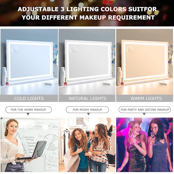 Makeup Vanity Mirror with Lights, 31.5"x 23.6" Large LED Lighted Mirror with 10X Magnification and USB Charging Port, Smart Touch 3 Colors Dimmable, Touch Control for Bedroom, White