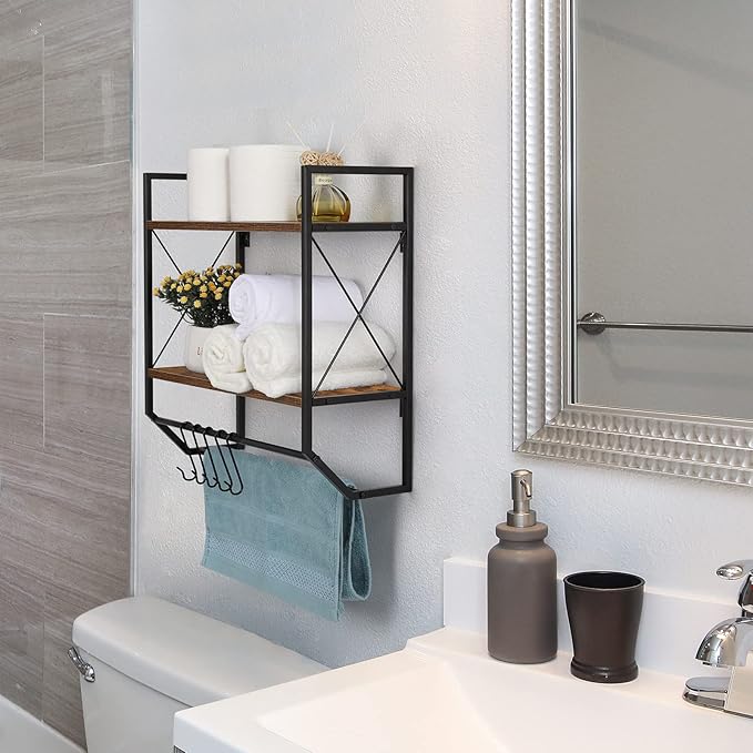 Bathroom Towel Rack 2 Tier Wall Shelf with Towel Bar, Rustic Towel Rack with Shelf for Wall Storage Shelves with Hooks Over Toilet Shelf Wall Mounted Towel Holder Shelf Floating Shelves for Home Brown