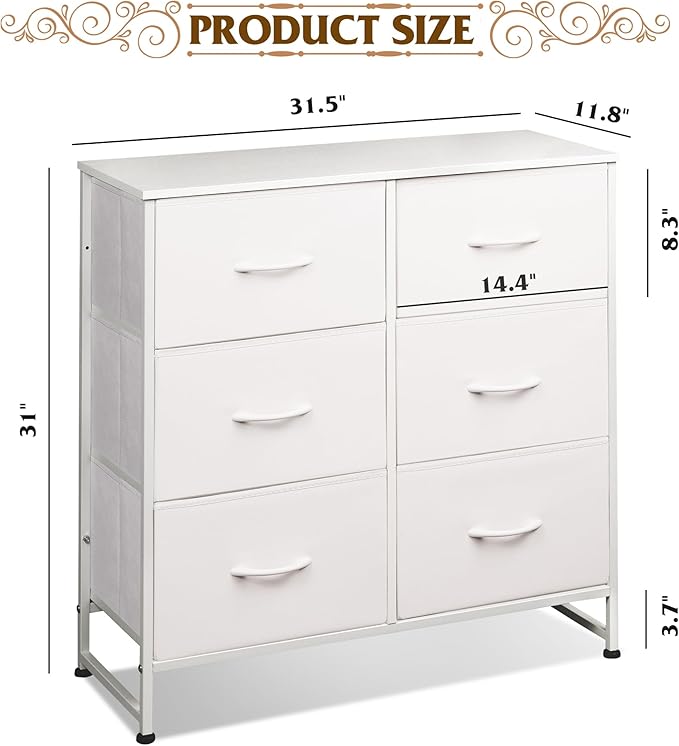 WLIVE White Dresser for Bedroom, 6 Drawer Double Dresser, Fabric Storage Tower with Fabric Bins, Chest of Drawers for Closet, Living Room, Hallway