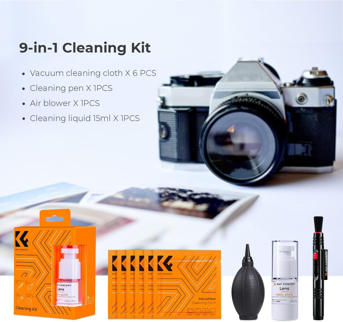 K&F CONCEPT 9-in-1 Camera Lens Cleaning Kit for DSLR Camera Lens Filter Cell Phones with Air Blowing, Vacuum Cleaning Cloth*6, 15ml Cleaning Cloths Liquid, Lens Cleaning Pen