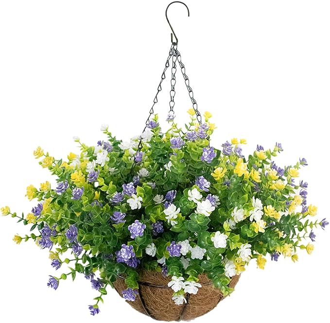 Artificial Hanging Flowers Basket, 12 UV-Resistant Bundles of Realistic Fake Flowers, Faux Plants for Outdoor Decor, Home, Garden, Porch, Patio, Spring & Summer Decorations, Yellow Purple White