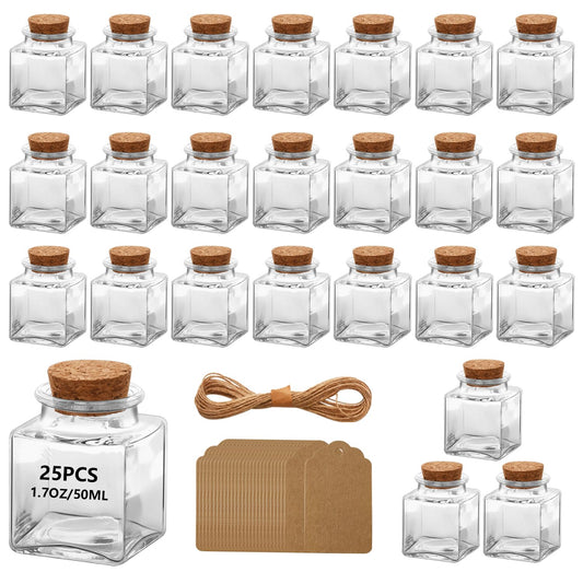 eispap 25Pcs 1.7oz Mini Glass Bottles, 50ml small Bottle, Jars with Wood Cork Stoppers, Wish Bottles, Message Bottle for Wedding Favors, Baby Shower Favors, DIY Craft (25)