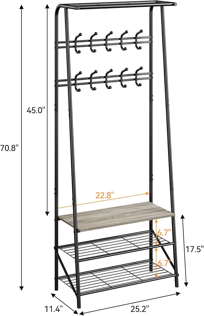 24" Grey Hall Tree with Bench and Shoe Storage, Double Row Hooks Coat Rack Freestanding Organizer, Heavy Duty Coat Rack with Shoe Storage, Coat and Shoe Rack Entryway Foyer Living Room