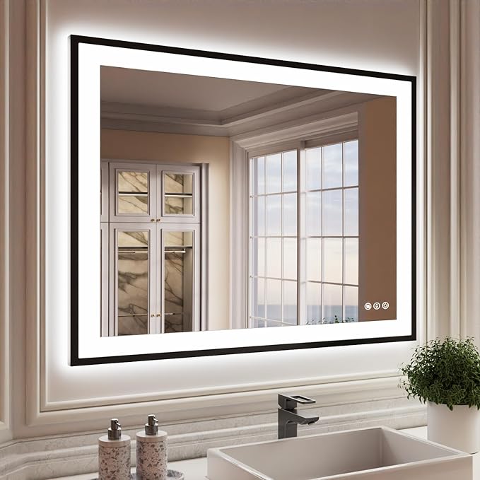 ISKM Framed LED Mirror for Bathroom 44"x32", Dimmable LED Bathroom Mirror with Lights, Anti-Fog, Front and Backlit Lighted Mirror 3-Colors, Shatterproof, Memory Function