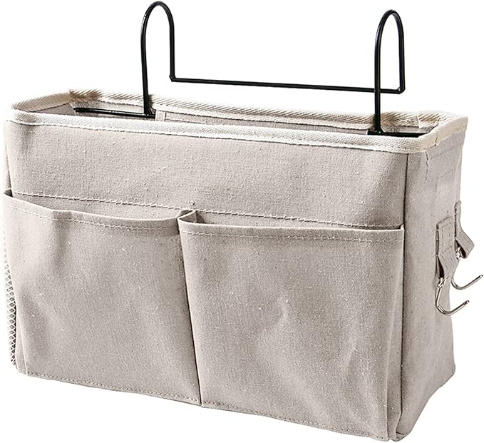 Nightstand Hanging Bag Cotton Linen Bedside Storage for Dorm Rooms (White)