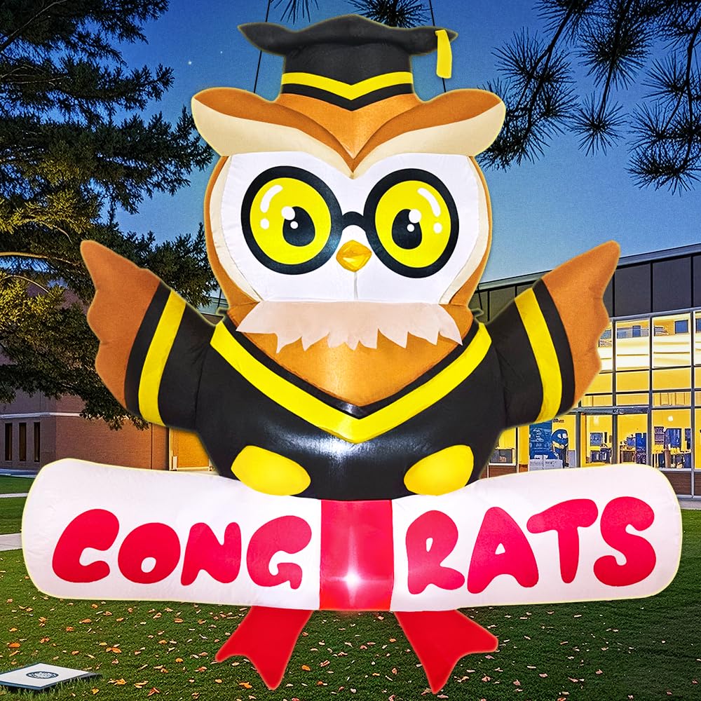 KOOY 4FT Inflatable Graduation Decorations with LED Lights – Blow Up Graduation Yard Sign, Inflatable Graduation Owl Grad Decor for Party College, Perfect for Yard Event Decor