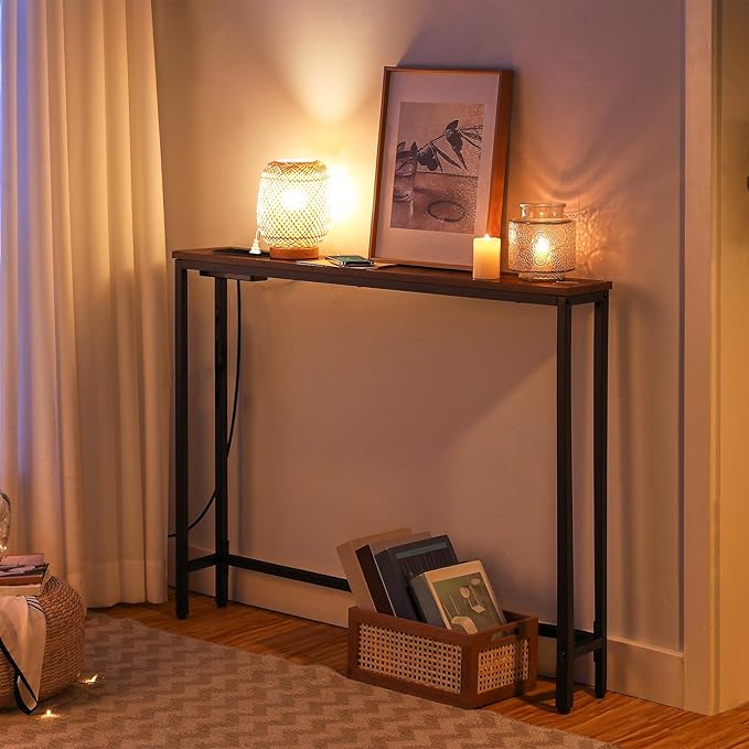 HOOBRO 39.4" Skinny Console Table with Power Outlet, 5.9" Behind Couch Table with Charging Station, Narrow Sofa Table, Long and Thin Table for Entryway, Living Room, Rustic Brown BF51UXG01