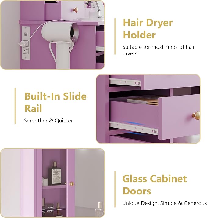 Makeup Vanity Desk with Mirror and Lights, Purple Vanity Table Set with Storage Drawers, Charging Station & Cabinets, Large Dressing Table with RGB Ambient Light for Women Girls Bedroom Bathroom